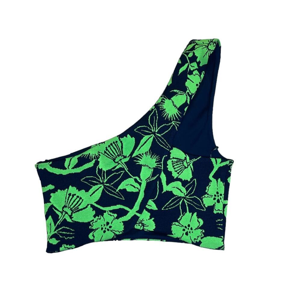 ZARA One Shoulder Floral Knit Crop Top Navy Green Quiet Luxury Capri Riviera NWT - Picture 7 of 9